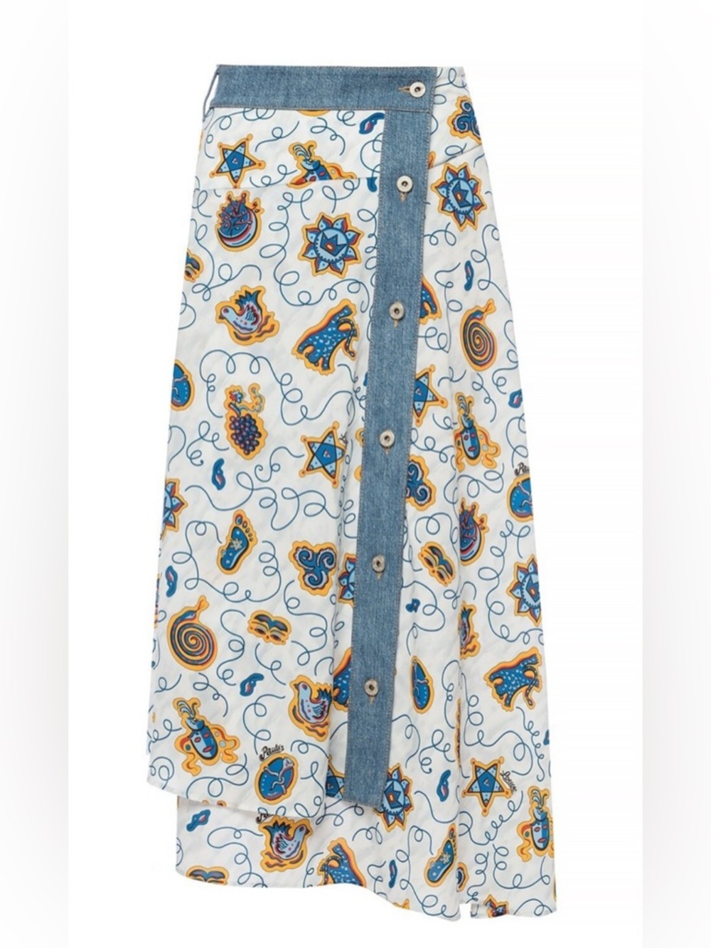 Loewe White Midi Skirt with Blue Chambray Placket and Yellow Motif